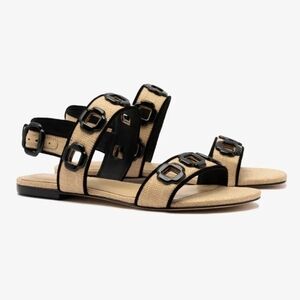 🖤🔹️Larroude 🔹️ Beige Raffia Black Trumming   MILAN Flat sandals